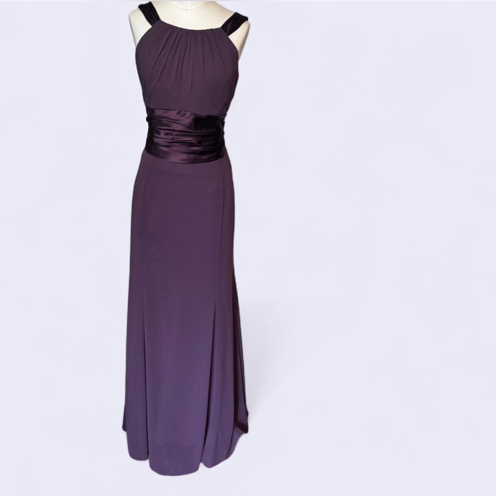 David's Bridal deep Plum Maxi Dress waist bow  tie gathered chest flowy
